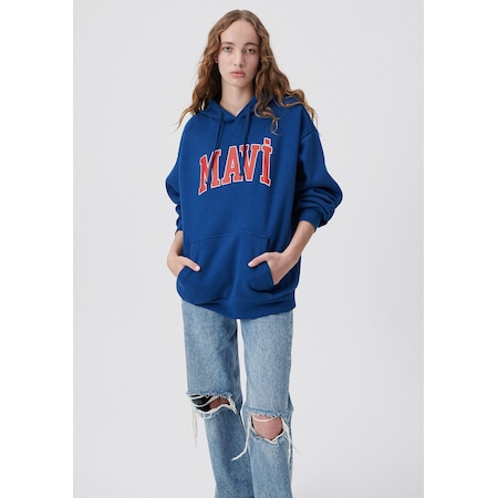 Mavi 1600361-82625 Mavi Logo Baskılı Kapüşonlu Sweatshirt Lacivert