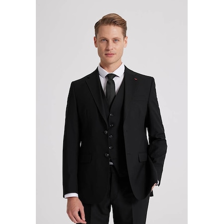 Ds Damat 4HFY5ORT01599 Slim Fit Siyah Mono Yaka Çift Yırtmaçlı Astarlı Yelekli Takim Elbise