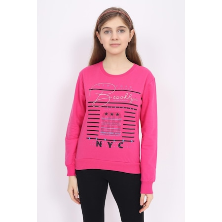 Eçocuk ECCK-OLC-3894-13-F New York Brooklyn Baskılı Kız Çocuk Sweatshirt Fuşya