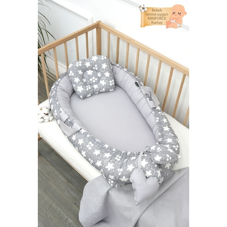 Mordesign Babynest Ortopedik Bebek Yatağı, Anne Yanı Bebek Yatağı, Ergonomik Tasarım, Big Stars Serisi Gri