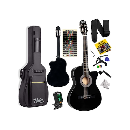 Midex CG-390BK-XBAG Siyah Klasik Gitar 4/4 Sap Ayarlı Kesik Kasa Full Set (Çanta Tuner Askı Capo Metod Pena) Hint Gül Ağacı