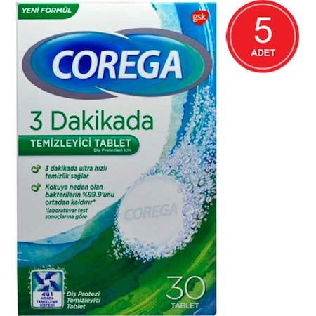 Corega 3 Dakikada Protez Temizleyici Tablet 30'lu x 5 Paket