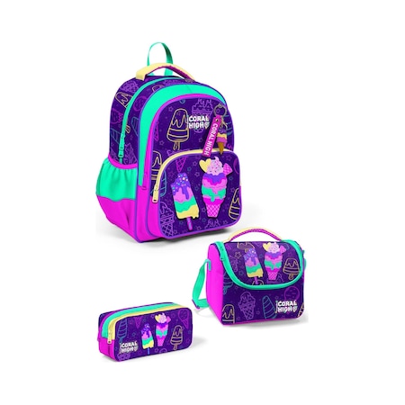 Coral High Kids Mor Pembe Dondurma Desenli 3 Lü Okul Çanta Seti Set0123655