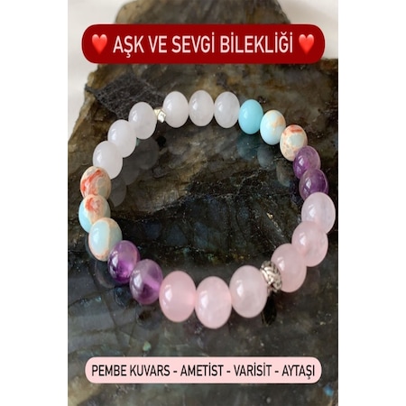 Doğal Taş Aşk Ve Sevgi Bilekliği Pembe Kuvars - Ametist - Varisit - Aytaşı