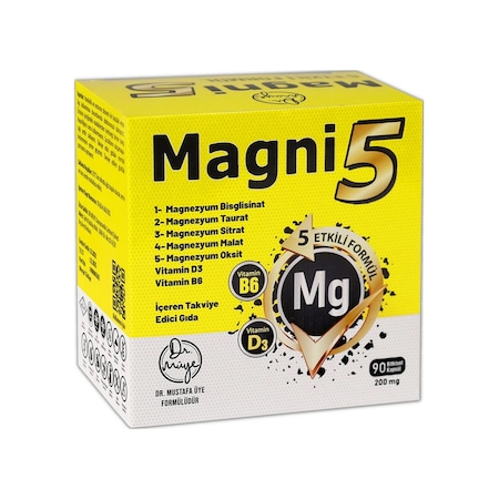 Magni5 Magnezyum 5 Etkili Form 3 Aylık 90 Kapsül B6 D3 Vitamini Bisglisinat Malat Taurat Sitrat Oksit