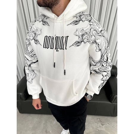 Kapşonlu Üç İplik Baskılı Sweatshirt - Beyaz Beyaz