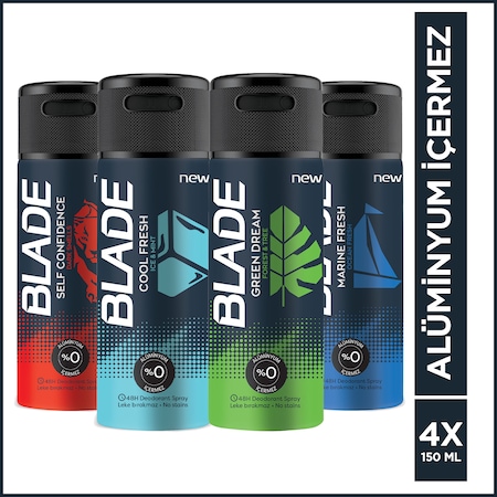 Blade Cool Fresh + Green + Marine + Self Erkek Sprey Deodorant 4 x 150 ML