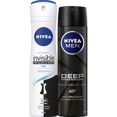 Nivea Black&White Pure Kadın Sprey Deodorant 150 ML + Deep Dimension Deosprey Erkek Sprey Deodorant 3 x 150 ML