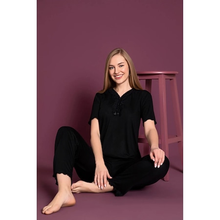 Lukitus Bambu Pamuk V Yaka Kısa Kol Kadın Pijama Takımı Siyah