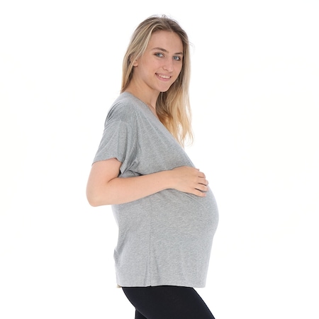Baby Mom Düşük Omuzlu Geniş Kalıp Modal Hamile Tshirt 22KBMMKHKT002 Gri Melanj