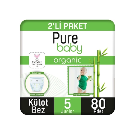 Pure Baby Organik Bambu Özlü Külot Bez 2'li Paket 5 Numara Junior 80 Adet