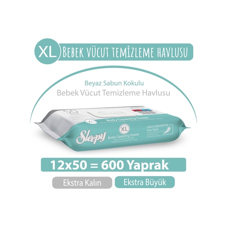 Sleepy Xl Beyaz Sabun Bebek Vücut Temizleme Havlusu 12 x 50 600 Yaprak