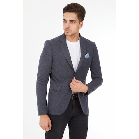 Sposo 5134 Dar Kalıp Örme Kumaş Lacivert Erkek Blazer Ceket