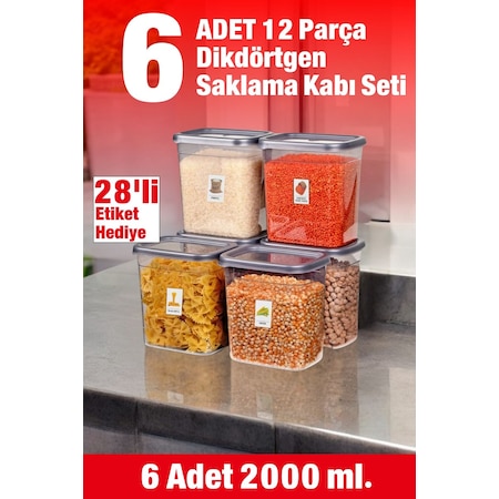 Welcomein 6 Adet 12 Parça Etiketli 2000 ML Sızdırmaz Kapaklı Erzak Bakliyat Saklama Kabı Çeyiz Seti