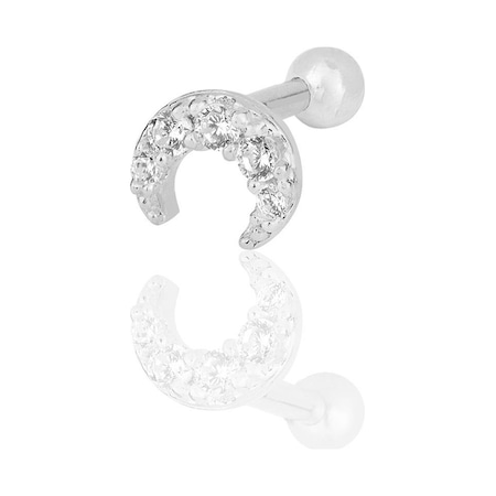 Gümüş Rodyumlu Zirkon Taşlı Hilal Modeli Tragus Helix Piercing Küpe