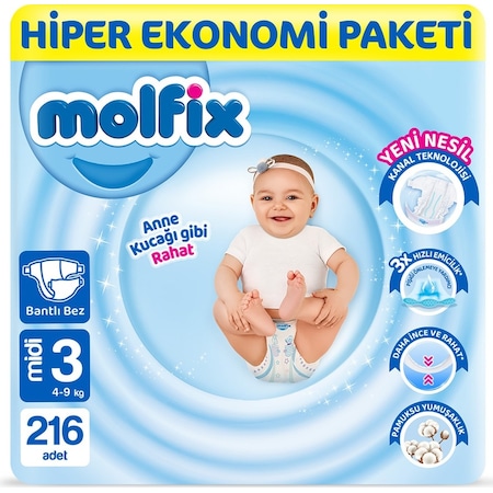 Molfix Bebek Bezi 3 Beden Midi Hiper Ekonomi Paketi 216 Adet