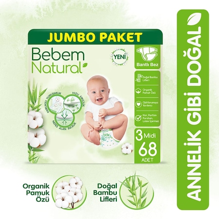 Bebem Natural Bebek Bezi 3 Beden Midi Jumbo Paket 68 Adet