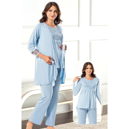 Kadın Lohusa Pijama Takımı Uzun Kollu Waynap 3845 - Mavi