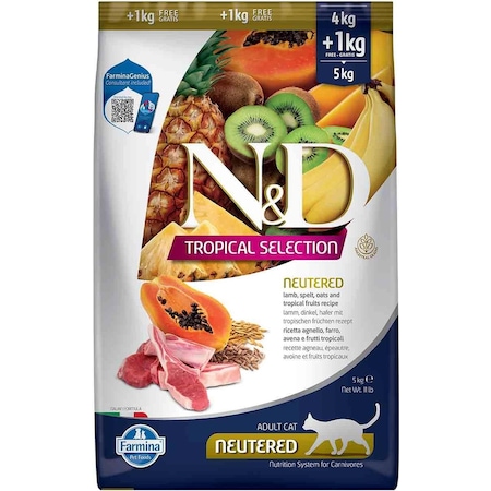 N&D Tropical Selection Düşük Tahıllı Kuzulu Tropikal Meyveli Kısırlaştırılmış Yetişkin Kedi Maması 1 + 4 KG