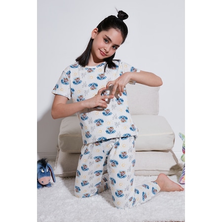 Lela Kız Çocuk Pijama Takımı 6651004 Ekru-mavi