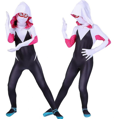 4-10 Yıl Çocuk Kız Örümcek Gwen Maske Cosplay Tulum Kostüm