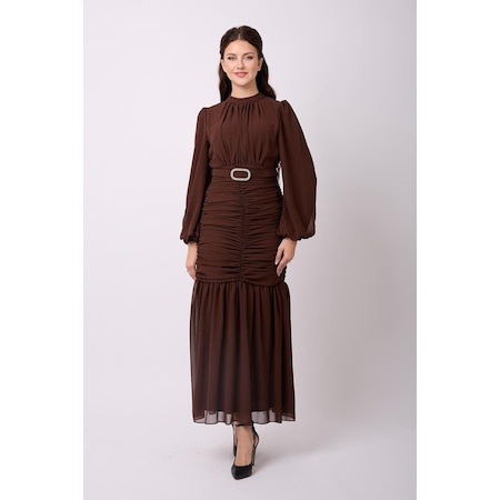 Violevin Er-cool Kadın Kemerli Şifon Elbise 8129-32-kahverengi
