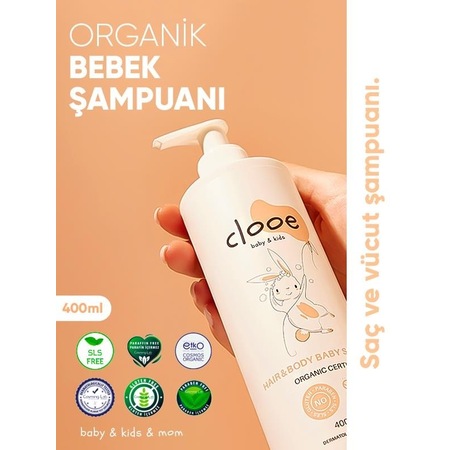 Clooe Organik Bebek & Çocuk Saç - Vücut Şampuanı 400 ML pH Dengeli Konak Önleyici