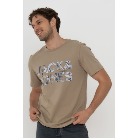 Jack & Jones 12215700 Techlogo Dune Bisiklet Yaka Logolu Tişört Bej