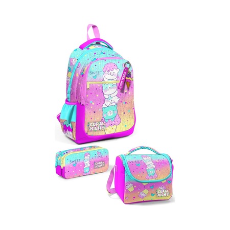 Coral High Kids Renkli Dondurmalı Kedi Desenli 3 Lü Okul Çanta Seti Set0123648