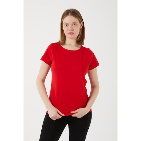 Kadın Pamuklu Basic Oval Yaka T-shirt-kırmızı