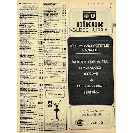 İzmir 1982-1983 Meslek Reklam İlanı Efemera S133