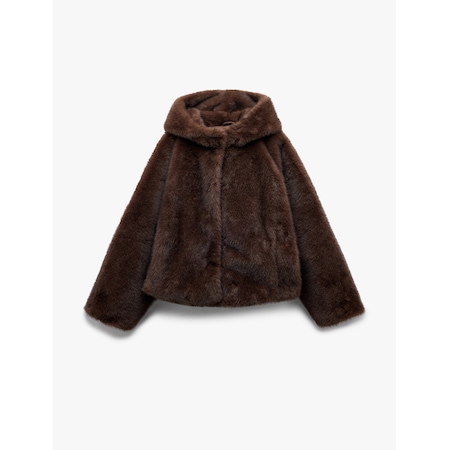 Koton Kapüşonlu Cepli Oversize Suni Kürk Kaban Kahverengi 6wak00206ew Kahve