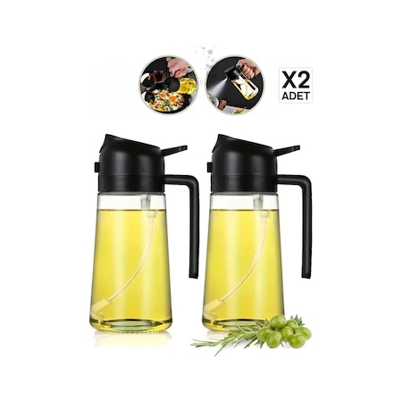 2 Adet Çift Fonksiyonlu Cam Yağdanlık 550ml Zeytinyağı Sıvıyağ Şişe Sprey Airfryer Yağlık Sirkelik