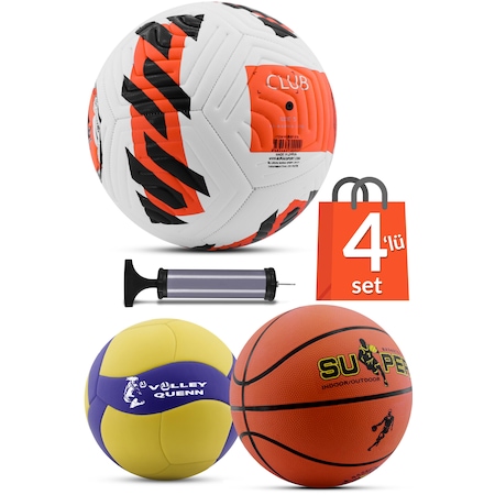 4'LÜ SET Basketbol Voleybol Sert Zemin Futbol Topu Top Şişirme Pompası Seti Kırmızı-018