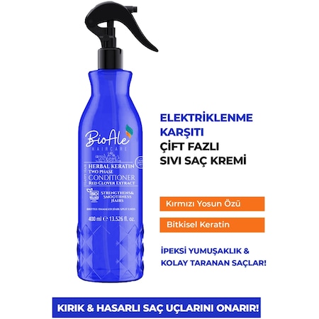 BioAle Haircare Güçlendirici,Elektriklenme Karşıtı Çift Fazlı Sıvı Saç Kremi Bitkisel Keratin+Kırmızı Yonca Özü400ml
