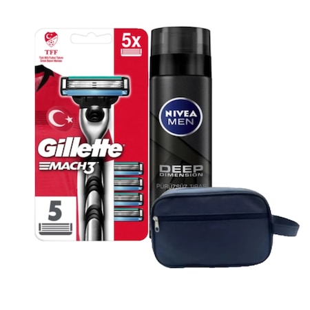 Gillette Mach3 Tıraş Makinesi + Tıraş Bıçağı 5'li + Deep Dimension Tıraş Jeli 200 ML + Çanta