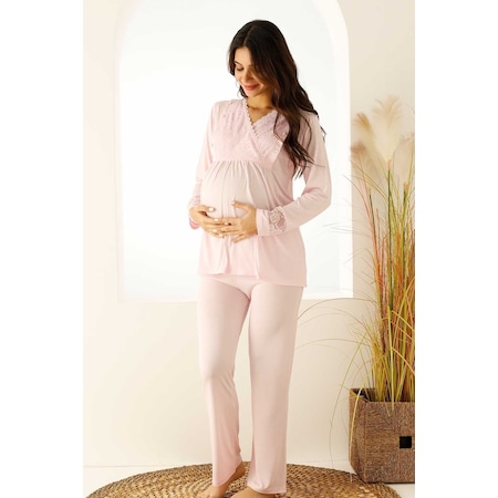 Premium Kutulu Emzirme Bölmeli Dantelli Hamile Lohusa Pijama Takımı Açık Pembe