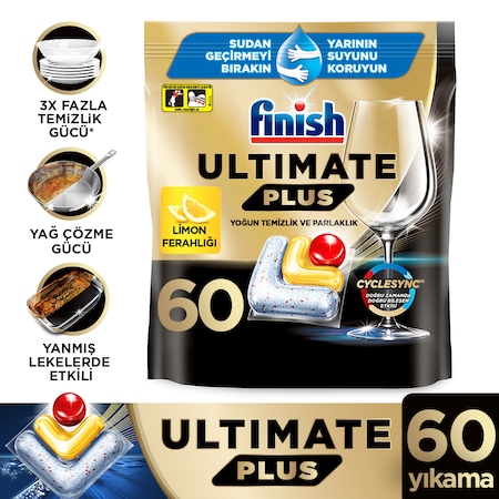 Finish Ultimate Plus Hepsi Bir Arada Limon Bulaşık Makinesi Deterjanı Tableti 60 Kapsül