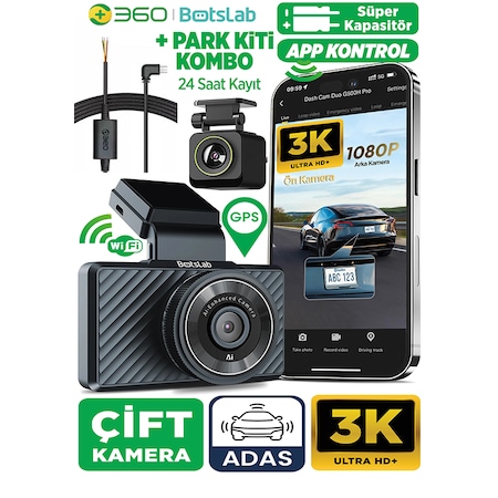 360+ Botslab G500H Pro ADAS Ön 3K QHD -Arka 1080P FHD 150° Açı WiFi+GPS Araç İçi Kamera+Park Modu