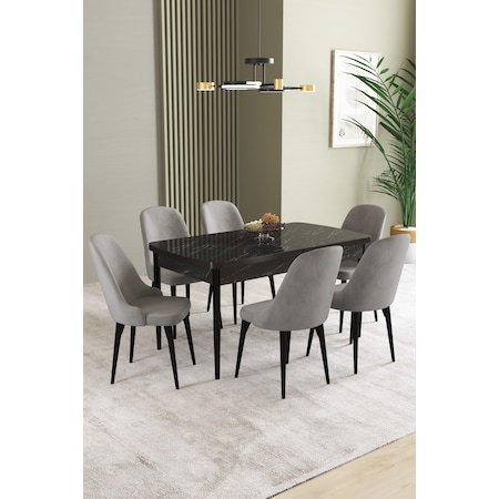 İkon Siyah Mermer Desen 80x132 Mdf Açılabilir Mutfak Masası Takımı 6 Adet Sandalye Renk Gri