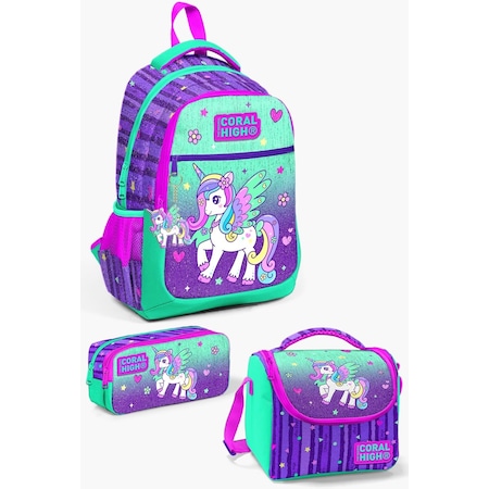 Coral High Kids Mor Su Yeşili Unicorn Desenli Okul Çanta Seti Set0123487