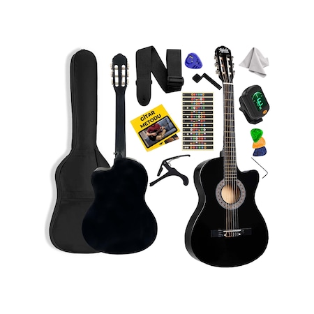 Midex CG-395BK Siyah Klasik Gitar 4/4 Sap Ayarlı Kesik Kasa Full Set Çanta Askı Tuner Metod Pena