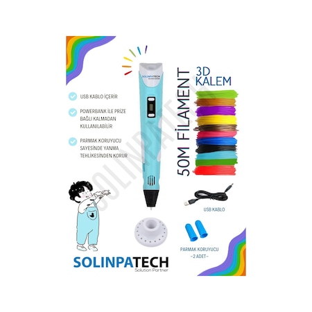 Solinpatech 3D Pen Üç Boyutlu Yazıcı Kalem Printer + 10 Adet 5 M Filament 50 M + USB Kablo Mavi