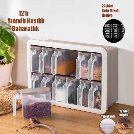 Porsima Simple 1167 Random 12'li Standlı Kendinden Yapışkanlı Kaşıklı Kapaklı Baharatlık Saklama Kabı Seti - Cappuccino Beyaz