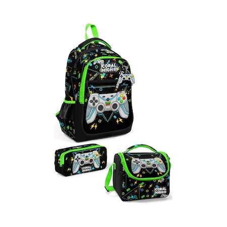 Coral High Kids Siyah Fosforlu Yeşil Gamer Desenli 3 Lü Okul Çanta Seti Set0123654