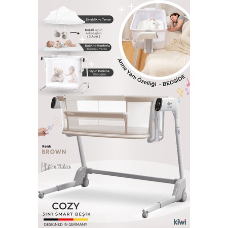 Kiwi Cozy Premium 3in1 Ağlamaya Duyarlı, Otomatik Sallanır, Anne Yanı Beşik, Park Yatak Ve Oyun Parkı