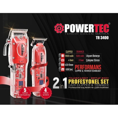 Powertec TR-3400 Profesyonel Tıraş Makinesi 2'li