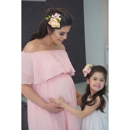 Modalabio Moda Labio- Babyshower Düşük Omuz Şifon Hamile Elbisesi Pudra