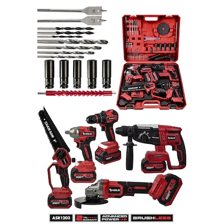 Assur ASR1203 21V Darbeli Kömürsüz 5'li Set Kırıcı Delici Hilti + Somun Sıkma Sökme + Testere + Matkap Vidalama + Taşlama Kırmızı