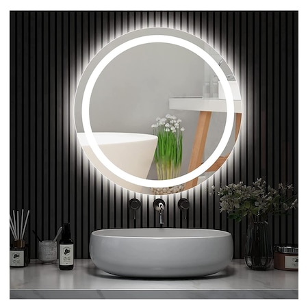 Nuun Dekor 60cm Beyaz Ledli Kumlamalı Yuvarlak Banyo Aynası Dekoratif Duvar Aynası Prizli.